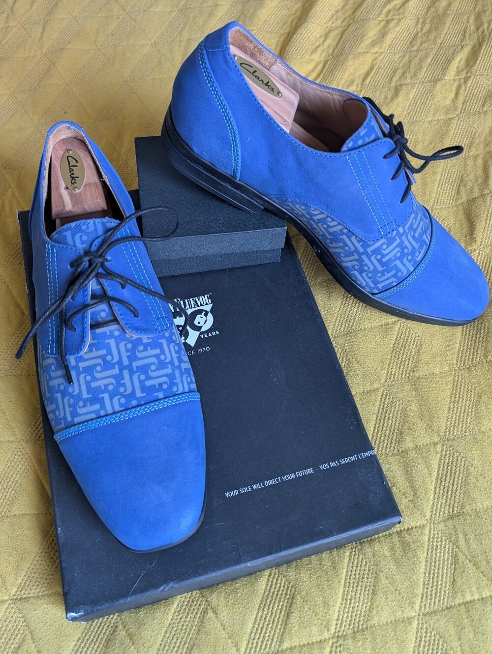John Fluevog Breton - Blue Suede Lace-Up Oxfords with Patterned Panels
